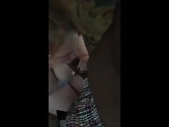 Chubby Red head sucks on Black Pole