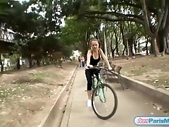 Busty fit teen slut cycles around town