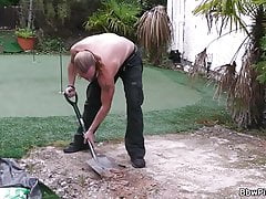 Blonde bbw in lingerie seduces garden-worker