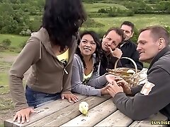 Lucy Belle And Luoi Mai Outdoor Group Sex