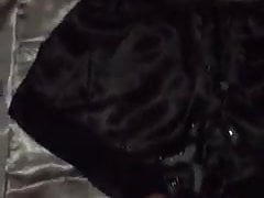 Wearing red satin camisole and cun in black satin short