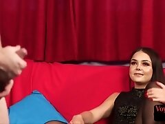 CFNM voyeur babe teases man who jerks off hard cock for her