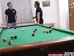 German curvy natural tits girl short hair try first threesome MMF