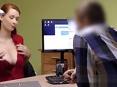 Redhaired babe shows off big tits before office hammering
