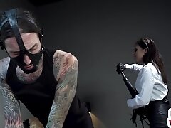 Femdom busty MILF in stockings whipping foot fetish sub