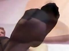 blonde milf in black lace pantyhose